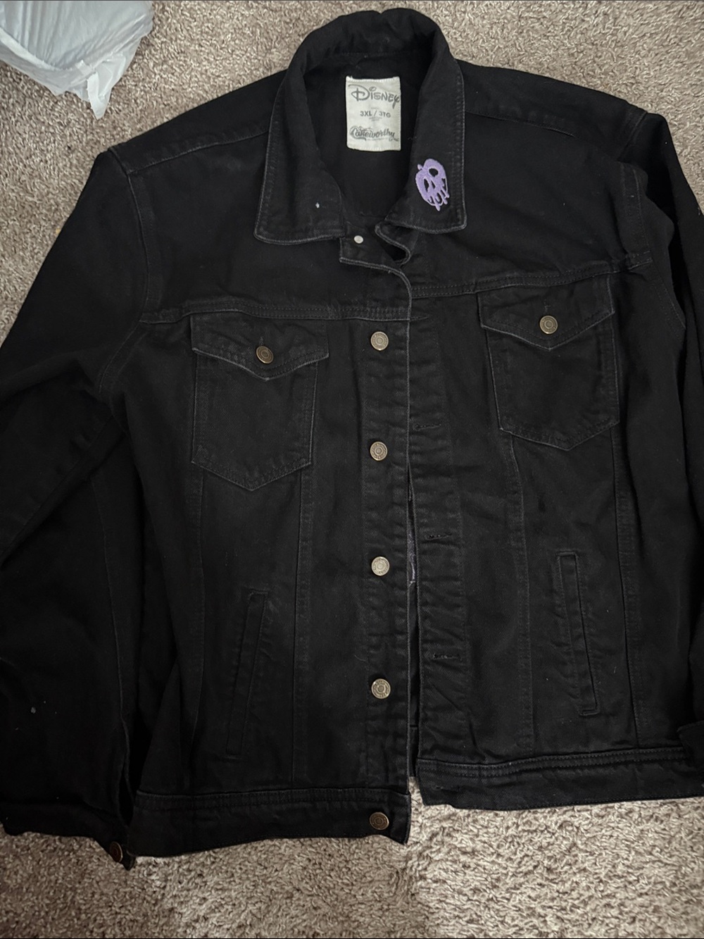 Disney Black Denim Jacket with Purple Skull Pin